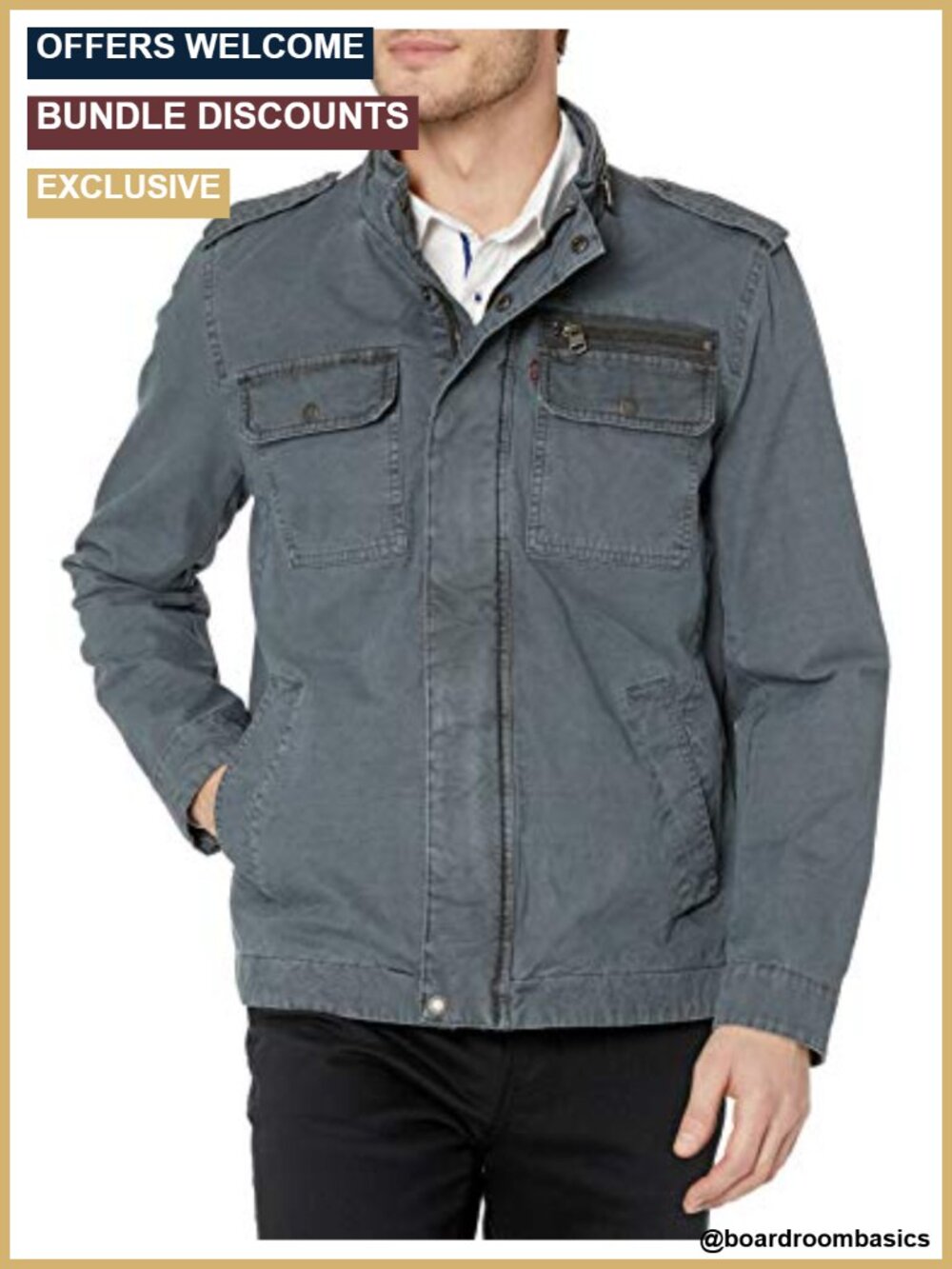 Cotton Military Style Lightweight Jacket with Adjustable Snap Cuffs and